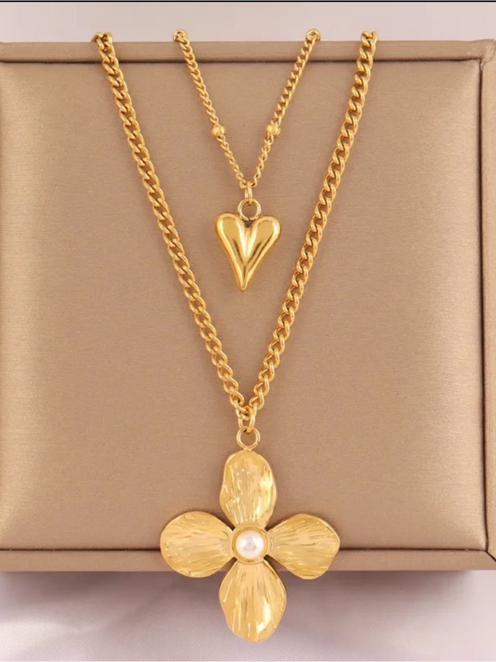 Stainless Steel Gold Double-Layer Flower & Heart Pendant Necklace